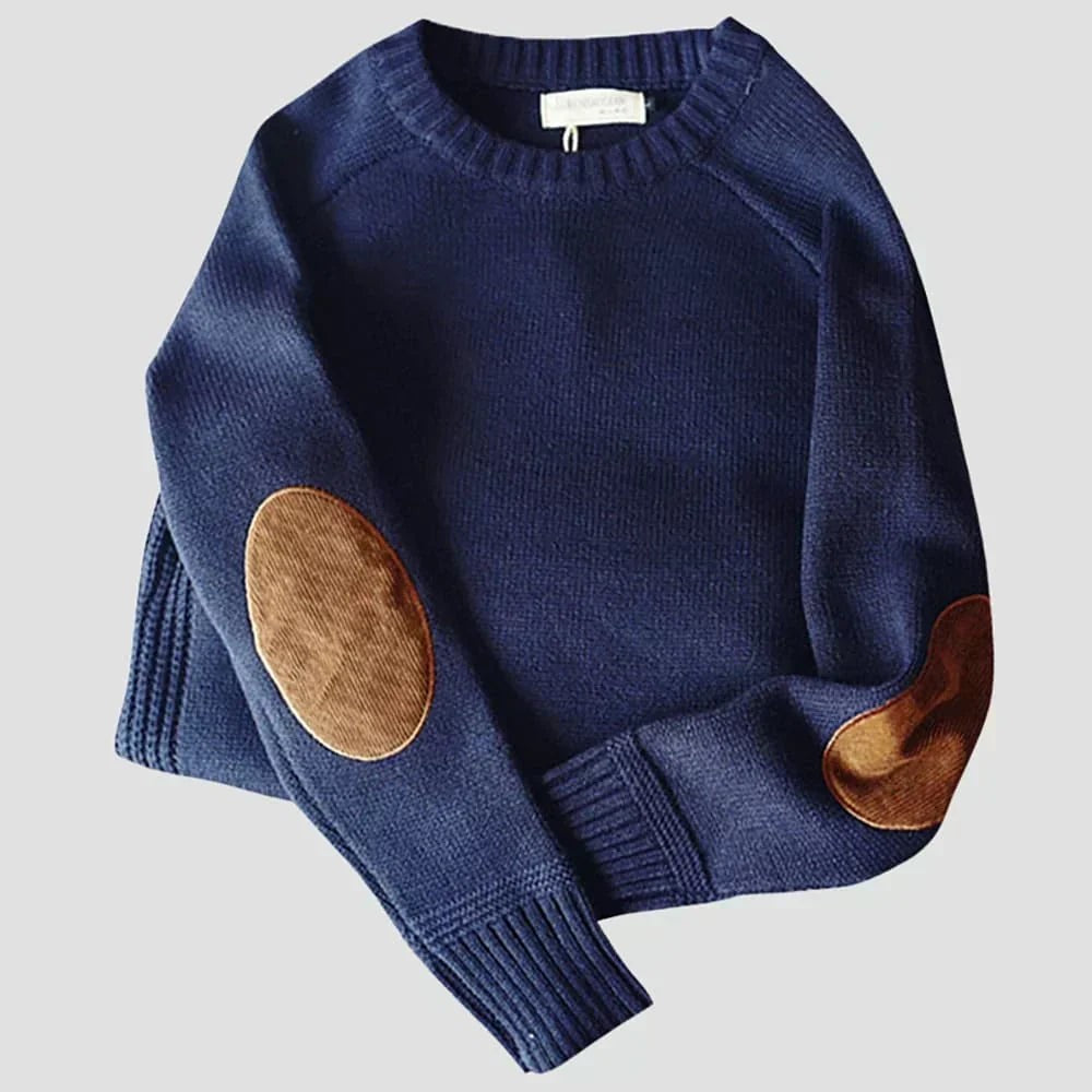 Marineblauer Strickpullover mit Ellbogenpatches und klassischem Rundhalsausschnitt