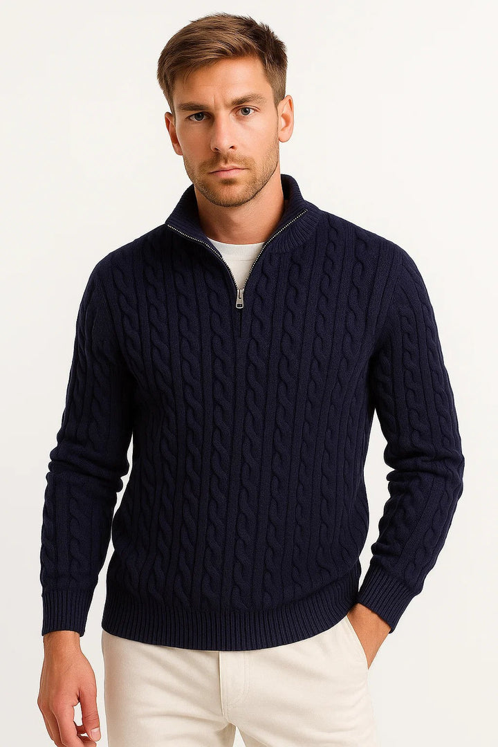 Dunkelblauer Troyer-Pullover mit Zopfmuster und Reißverschlusskragen für Herren