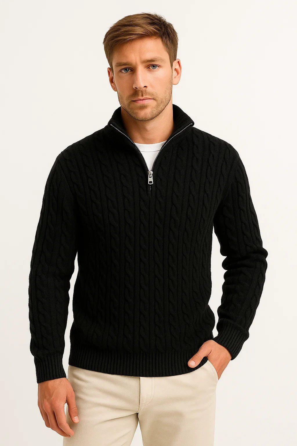 Schwarzer Strickpullover mit Zopfmuster und Reißverschluss am Stehkragen