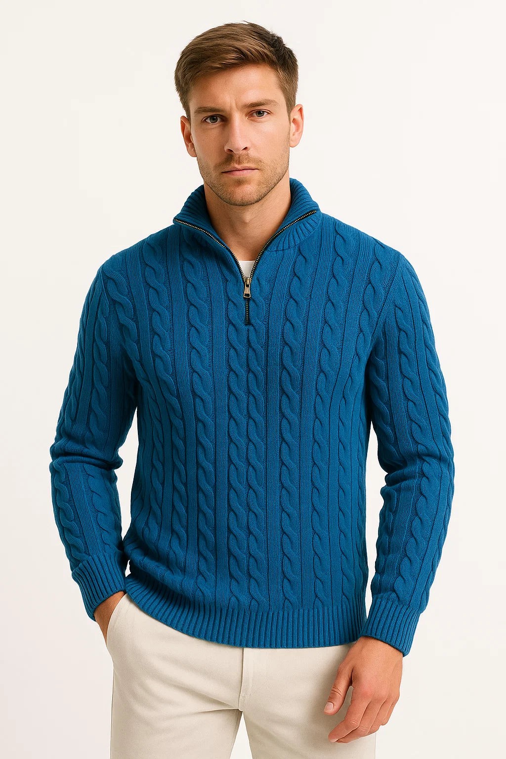 Petrolblauer Herrenpullover mit Zopfmuster und Half-Zip-Verschluss