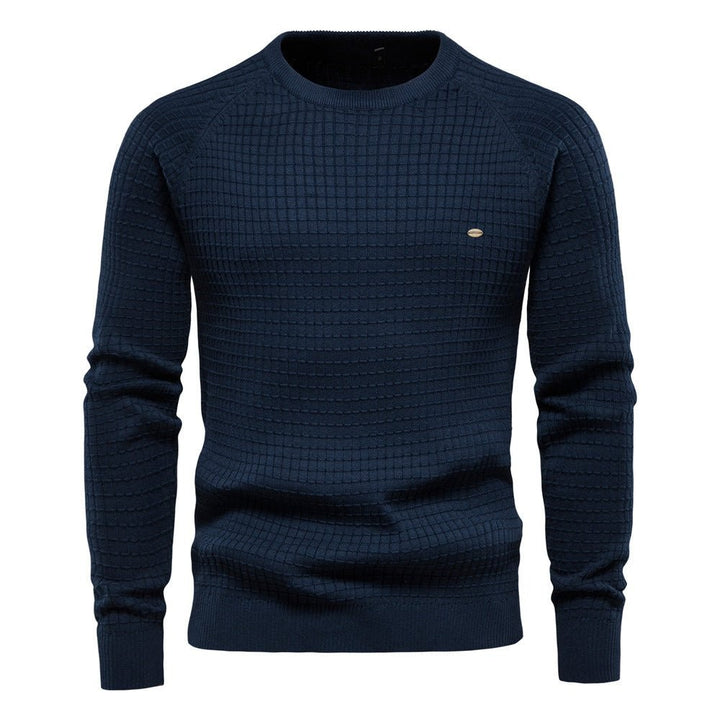 Marineblauer Strickpullover Herren mit strukturiertem Waffelmuster und Rundhalsausschnitt