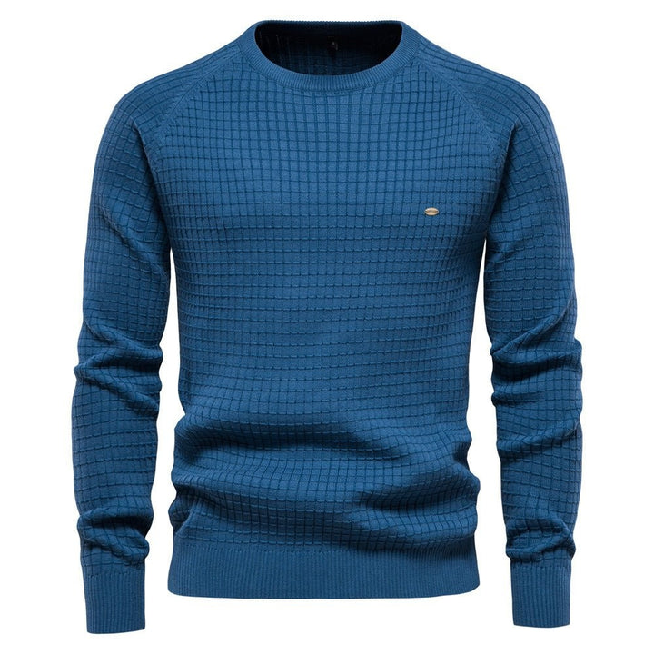 Blauer Herrenpullover mit strukturiertem Karomuster und langen Raglanärmeln