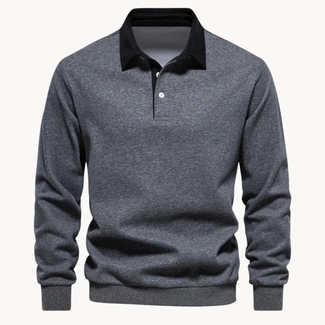 Langarm-Sweatshirt in Grau meliert mit kontrastierendem schwarzen Polokragen