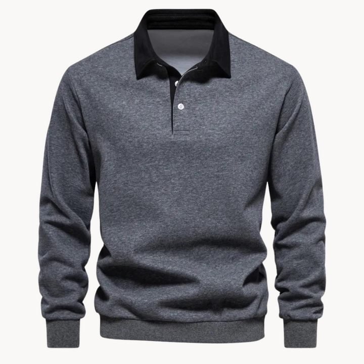 Langarm-Sweatshirt in Grau meliert mit kontrastierendem schwarzen Polokragen