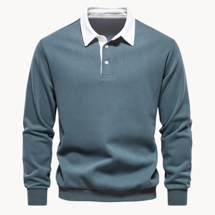 Herren-Poloshirt in Petrolblau mit weißem Kontrastkragen und Knopfleiste