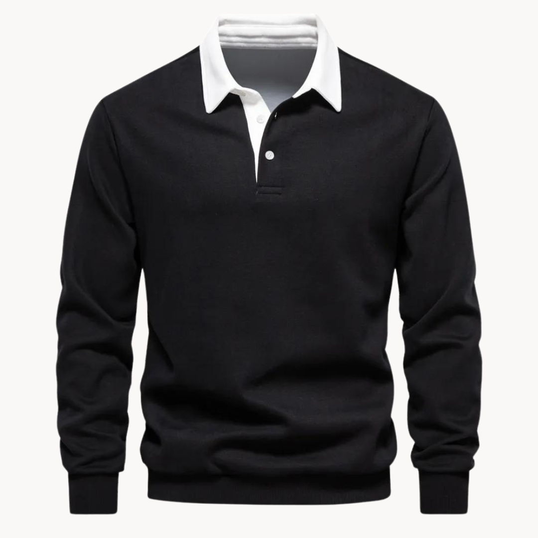 Schwarzes Pullover-Sweatshirt mit weißem Polokragen und Langarm