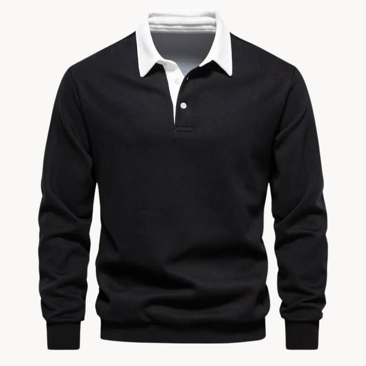 Schwarzes Pullover-Sweatshirt mit weißem Polokragen und Langarm