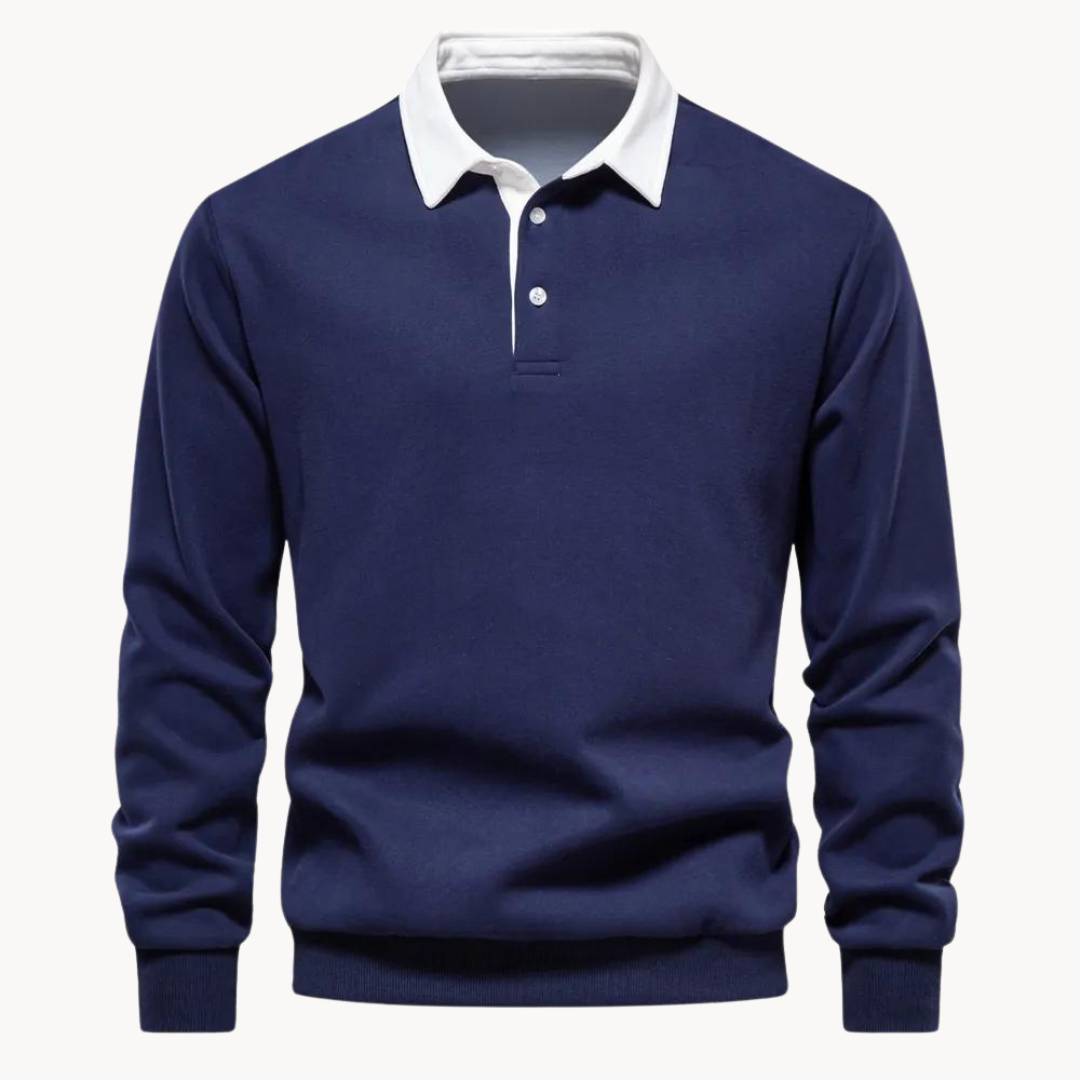 Dunkelblaues Herren-Sweatshirt mit weißem Polokragen und Knopfleiste