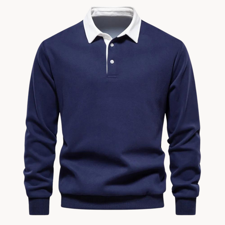 Dunkelblaues Herren-Sweatshirt mit weißem Polokragen und Knopfleiste