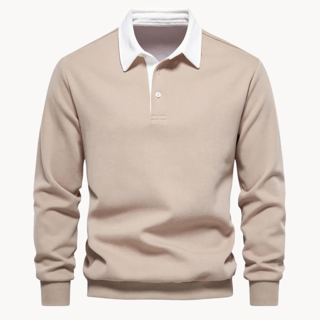 Beiges Pullover-Sweatshirt mit weißem Polokragen für Herren