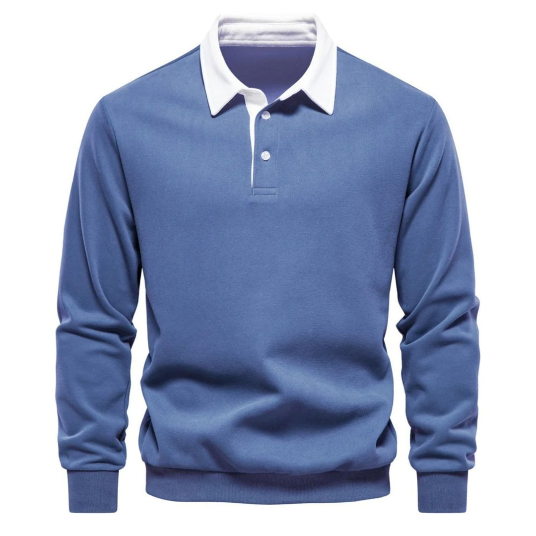 Blaues Poloshirt-Sweatshirt mit weißem Kontrastkragen und Knopfleiste