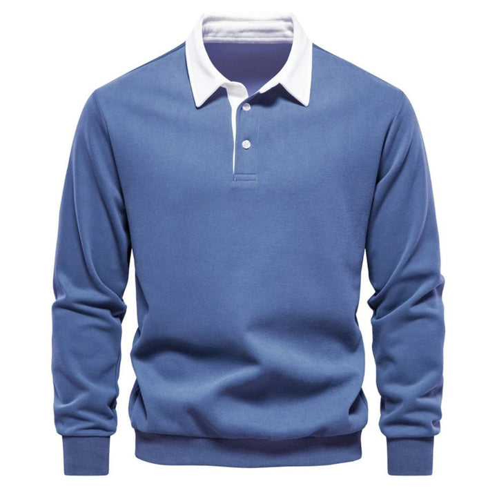 Blaues Poloshirt-Sweatshirt mit weißem Kontrastkragen und Knopfleiste