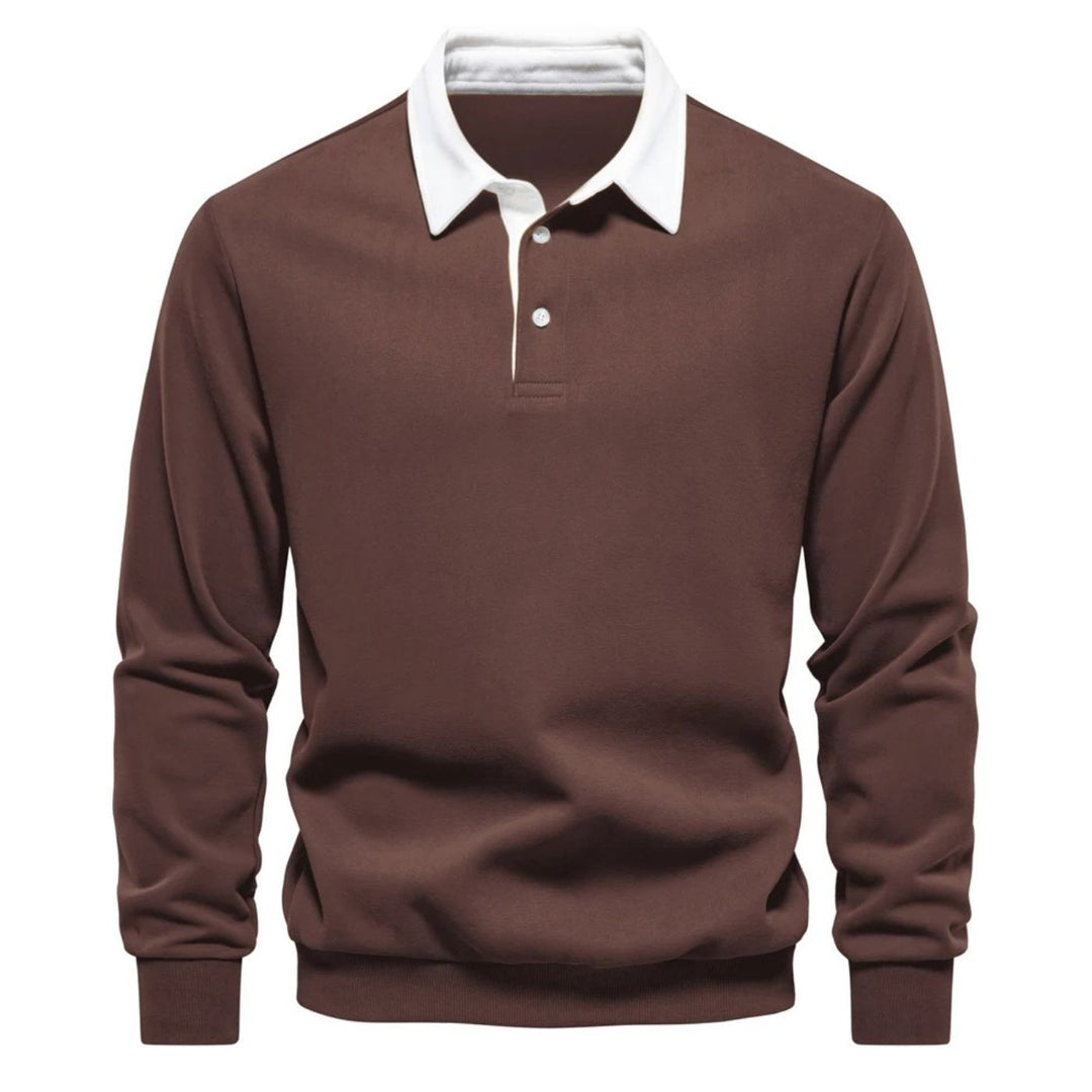 Braunes Herren-Sweatshirt mit weißem Polokragen und langen Ärmeln