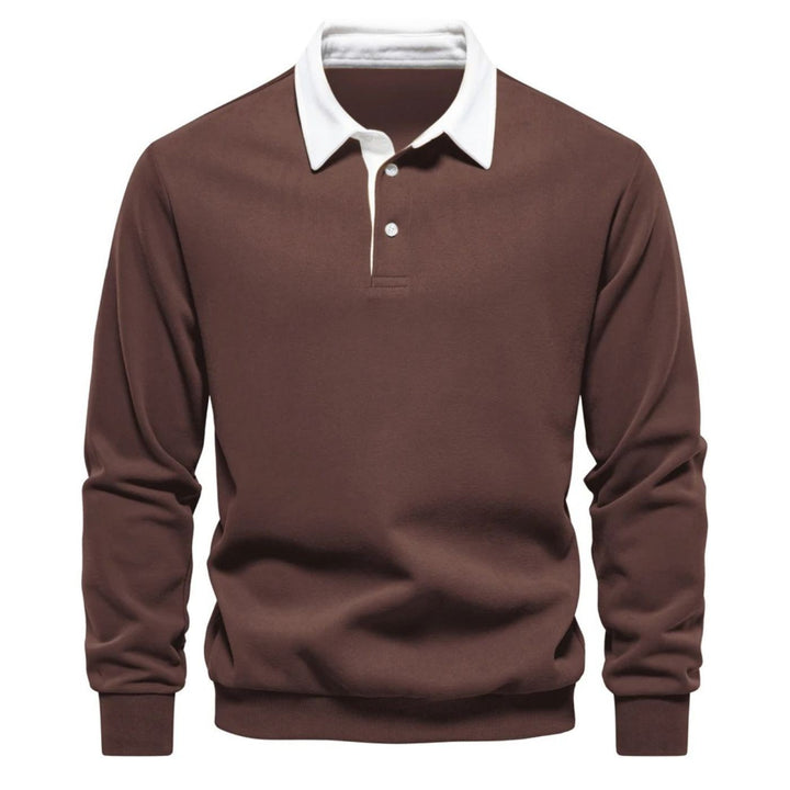 Braunes Herren-Sweatshirt mit weißem Polokragen und langen Ärmeln