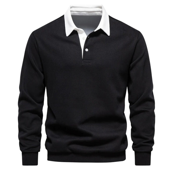 Schwarzes Poloshirt-Sweatshirt mit weißem Kragen und Knopfverschluss