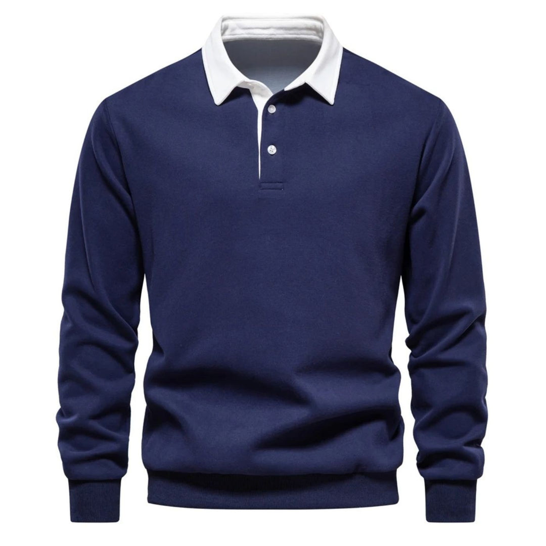 Dunkelblaues Sweatshirt mit weißem Polokragen und Rippbündchen