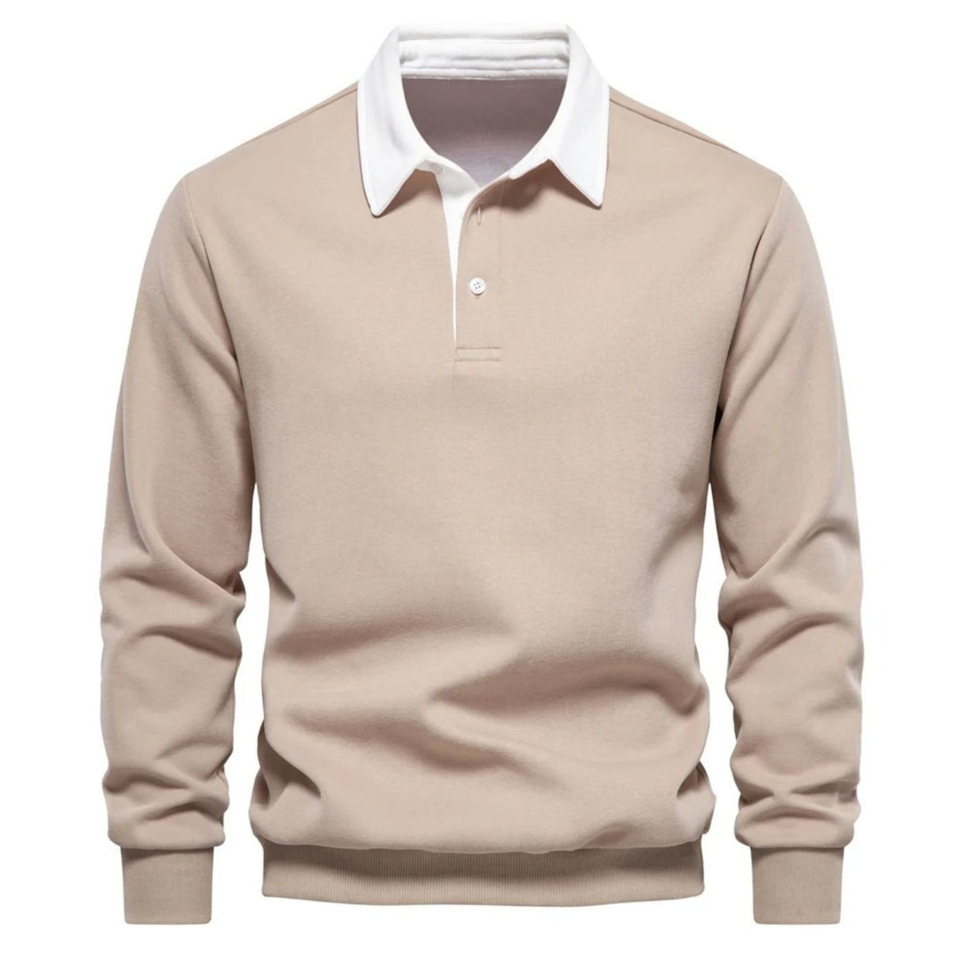 Beiges Poloshirt-Sweatshirt mit weißem Kragen und Zweiknopfleiste