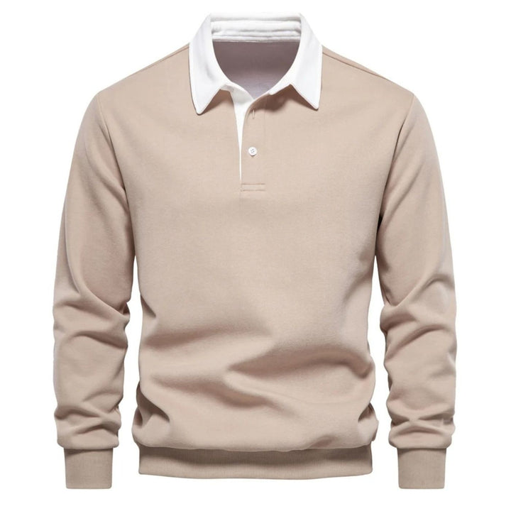 Beiges Poloshirt-Sweatshirt mit weißem Kragen und Zweiknopfleiste
