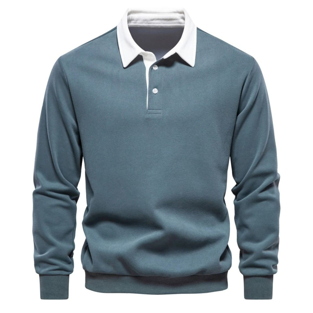 Petrolfarbenes Herren-Sweatshirt mit weißem Polokragen und Langarm