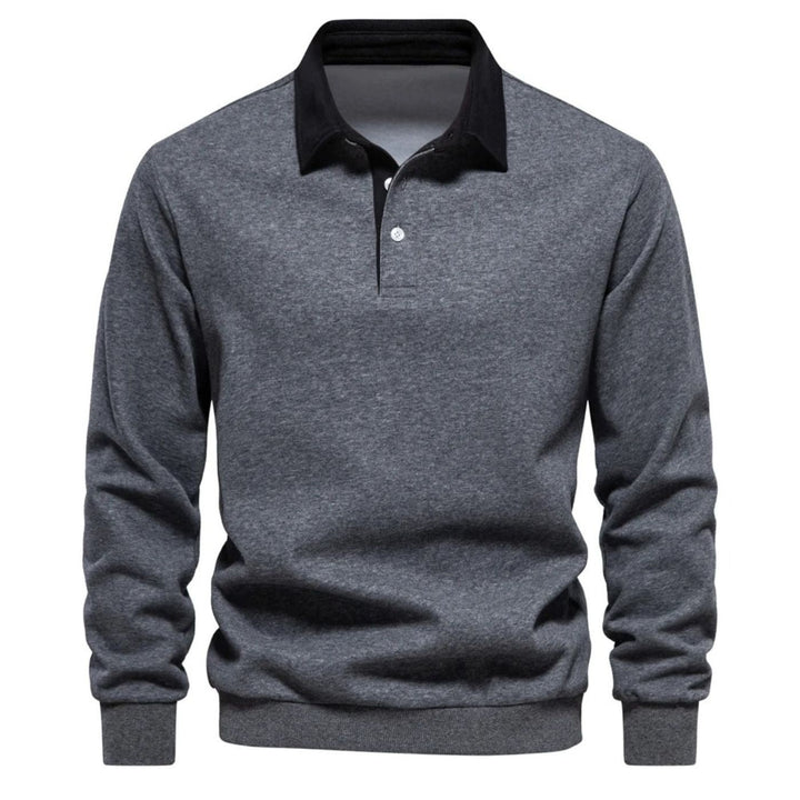Graues meliertes Poloshirt-Sweatshirt mit schwarzem Kontrastkragen