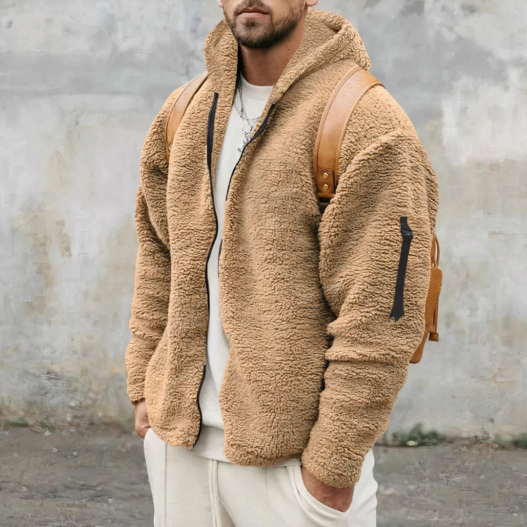 Herren Sherpa-Jacke in Beige mit Kapuze und Ärmeltasche