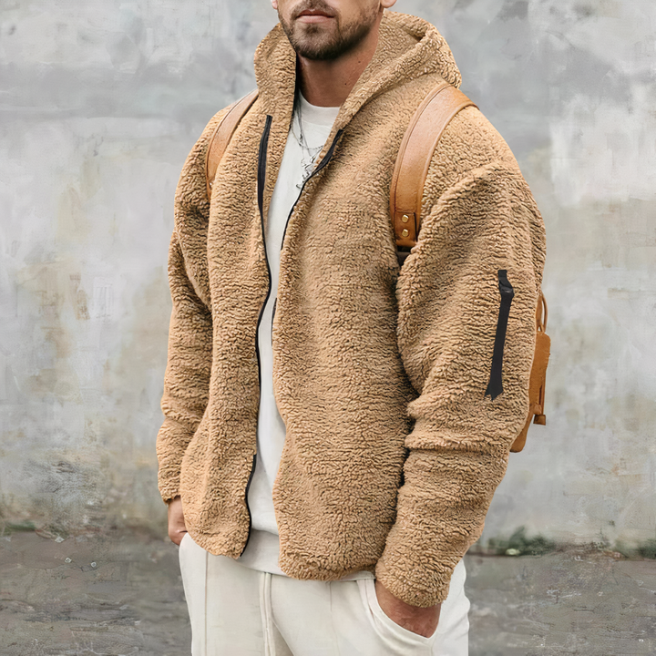 Herren Sherpa-Jacke in Beige mit Kapuze und Ärmeltasche