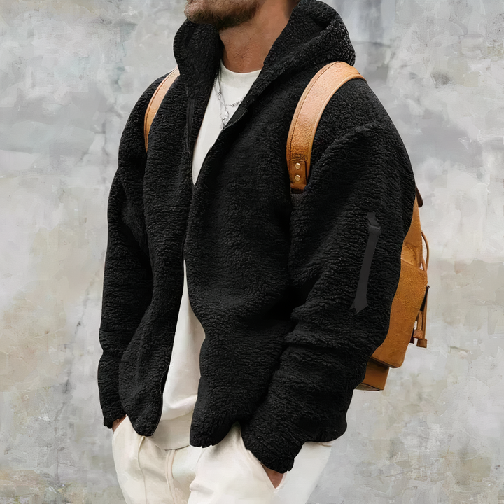 Schwarze Teddyfleece-Jacke mit Kapuze und Ärmeltasche für Herren