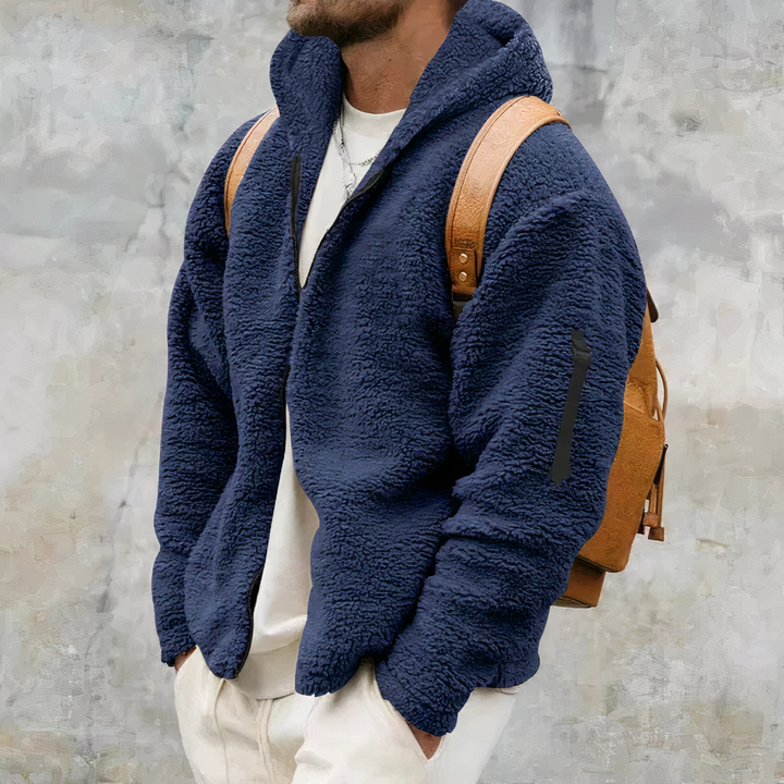Dunkelblaue Sherpa-Jacke mit Kapuze im lässigen Streetwear-Stil