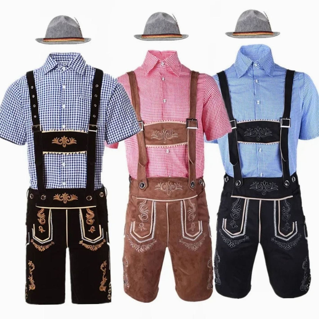 Trachten-Komplettset mit Lederhose, Karohemd und Filzhut in drei Farbvarianten