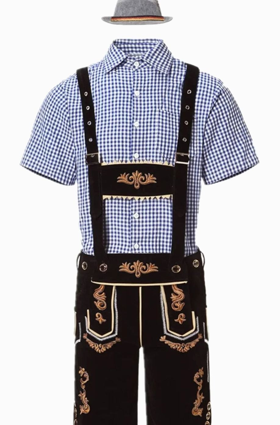 Lederhosen-Set mit blauem Karohemd, schwarzen Trägern und Filzhut