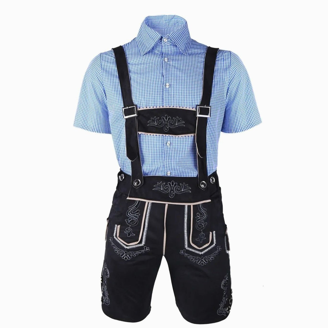 Herrentracht mit blau-weißem Hemd und schwarzer Lederhose mit Zierstickerei