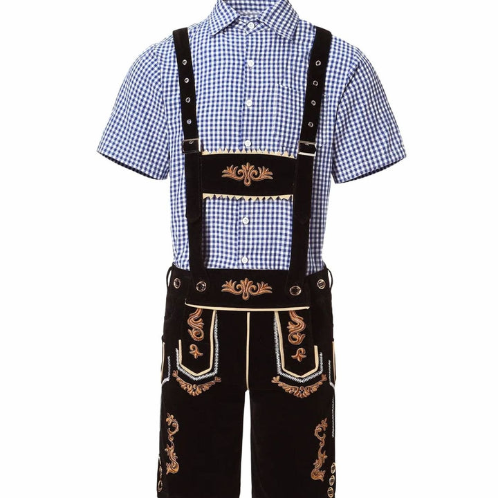 Trachtenkomplettset mit kariertem Hemd und dunkelbrauner bestickter Lederhose