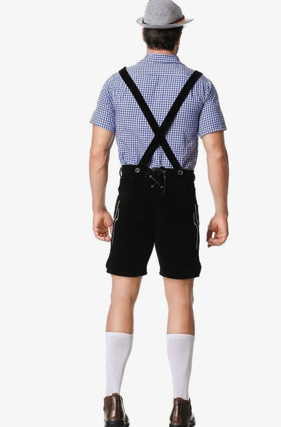 Rückansicht Trachtenanzug mit gekreuzten Trägern und schwarzer Lederhose