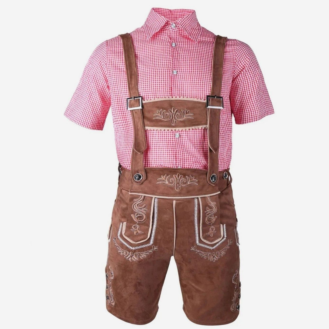 Oktoberfest-Kostüm mit rot-weißem Karohemd und brauner Stickerei-Lederhose