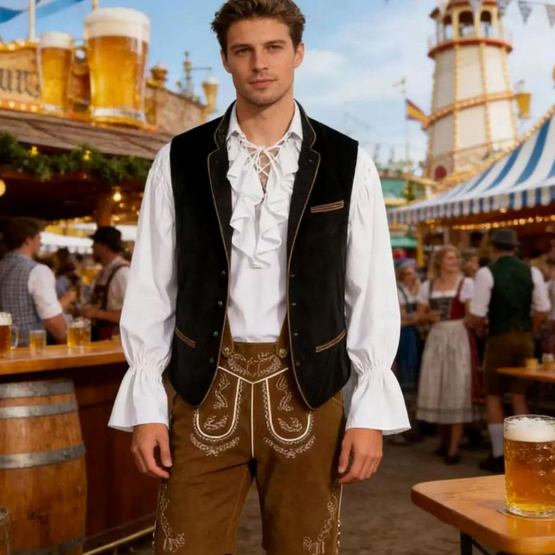 Herren Oktoberfest-Kostüm mit schwarzer Samtweste und bestickter Lederhose