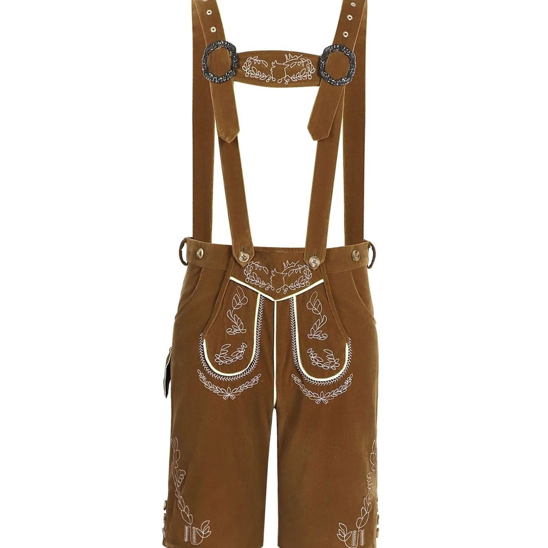 Bestickte Lederhose in Braun mit Hosenträgern und Trachtenmuster