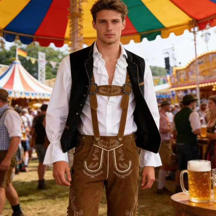 Trachtenoutfit mit Hosenträgern und bestickter Lederhose auf dem Volksfest