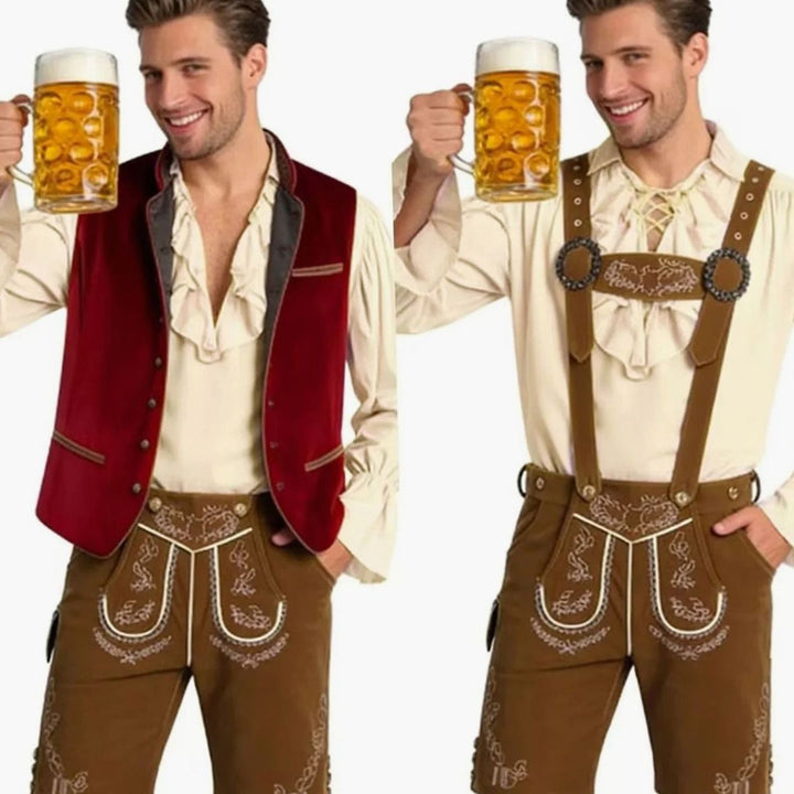 Herren Trachtenweste in Rot und braune Lederhose im Vergleich