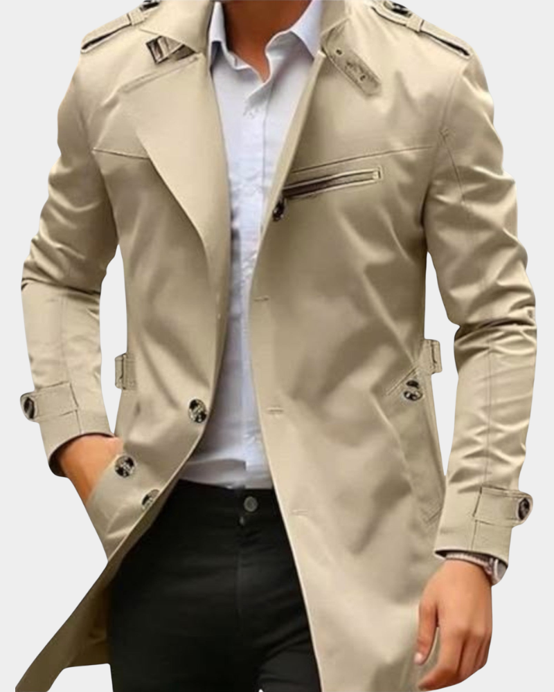 Beige Trenchcoat mit Schulterklappen und Reißverschlusstasche, taillierter Schnitt