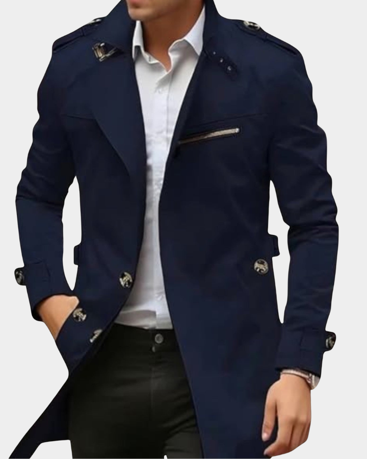 Dunkelblauer Trenchcoat mit Epauletten und Knopfleiste, elegante Herrenjacke