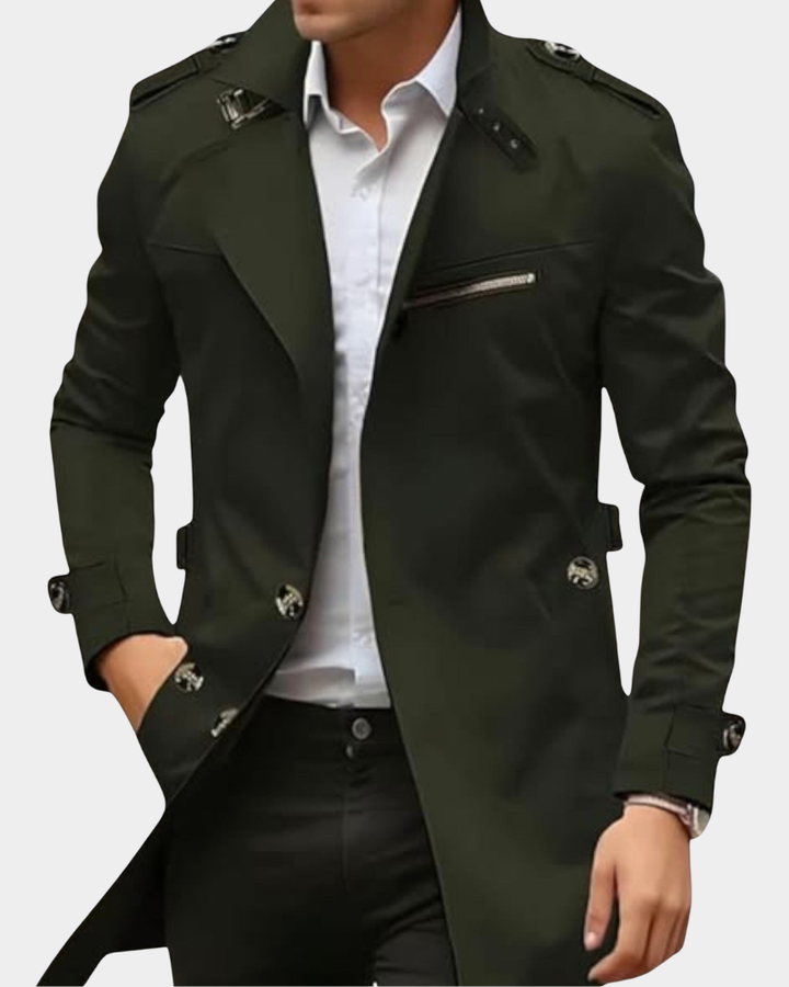 Olivgrüner Trenchcoat mit Stehkragen und Gürtelschlaufen, klassisches Herrendesign