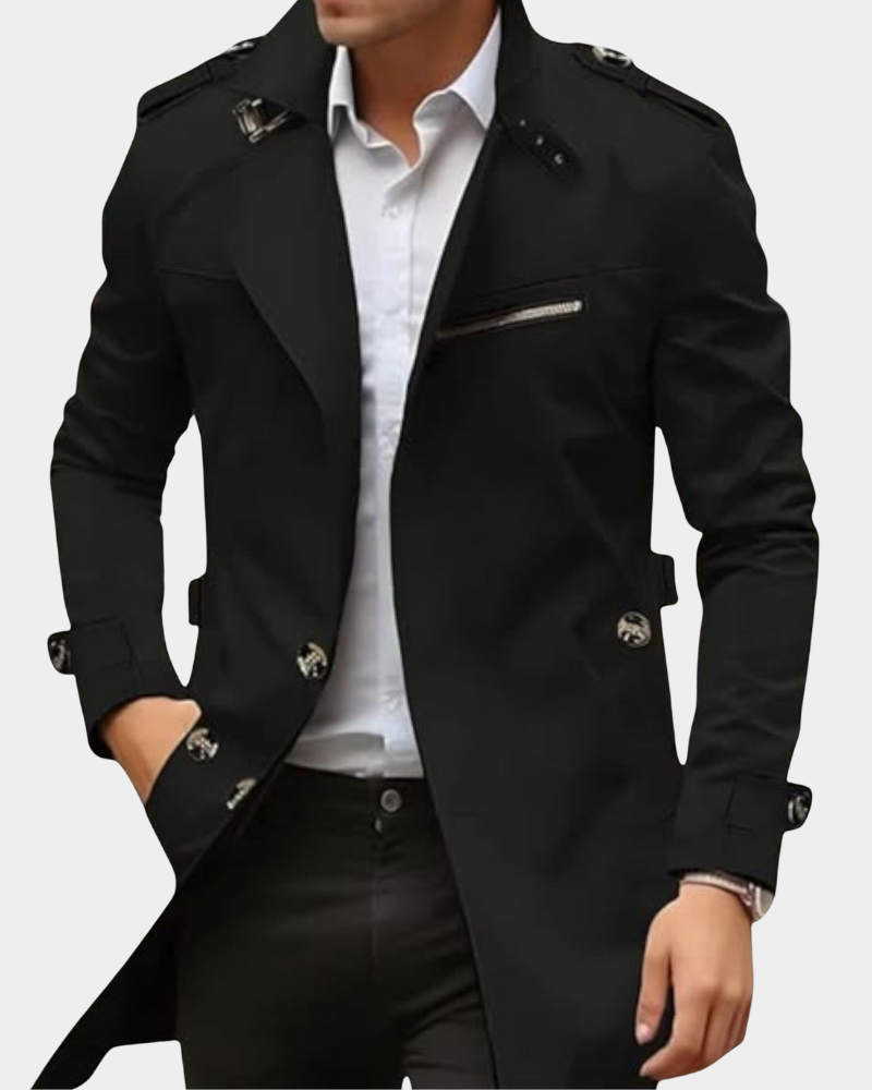 Schwarzer Trenchcoat mit Reißverschlusstasche und Manschettenknöpfen, zeitloser Look