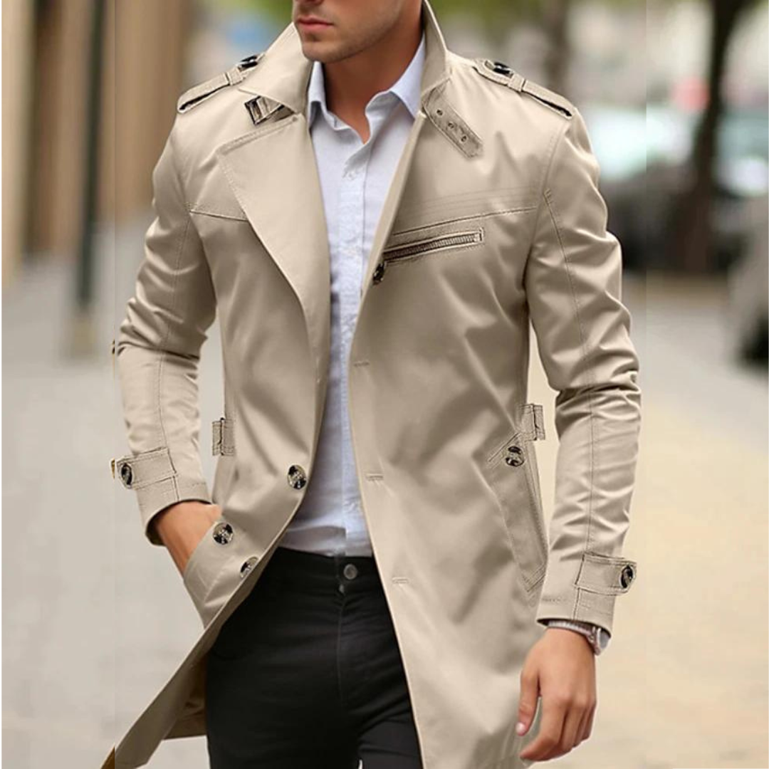 Beige Herren-Trenchcoat mit Schulterriemen und Reißverschlusstasche im schmalen Schnitt
