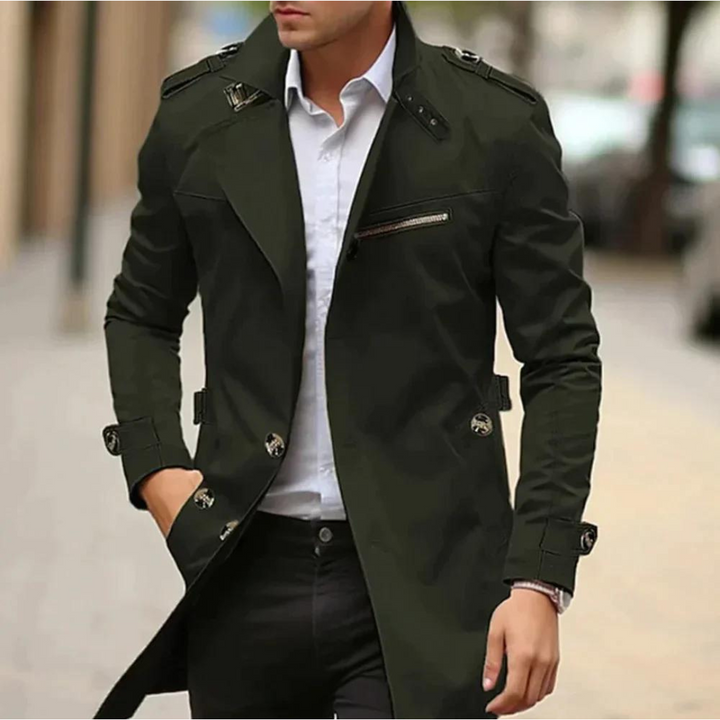 Olivgrüner Trenchcoat für Herren mit Gürtel und militärischen Schulterklappen
