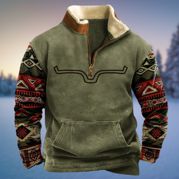 Herren Winterpullover khaki mit Aztec-Ärmelmuster und Fleece-Kragen