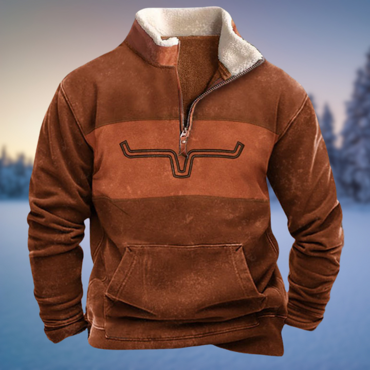 Herren Halbreißverschluss-Pullover braun mit Colorblock-Design und Sherpa-Kragen
