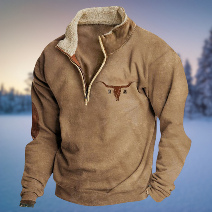 Herren Sweatshirt sandfarben mit Longhorn-Stickerei und Lederpatches am Ellenbogen