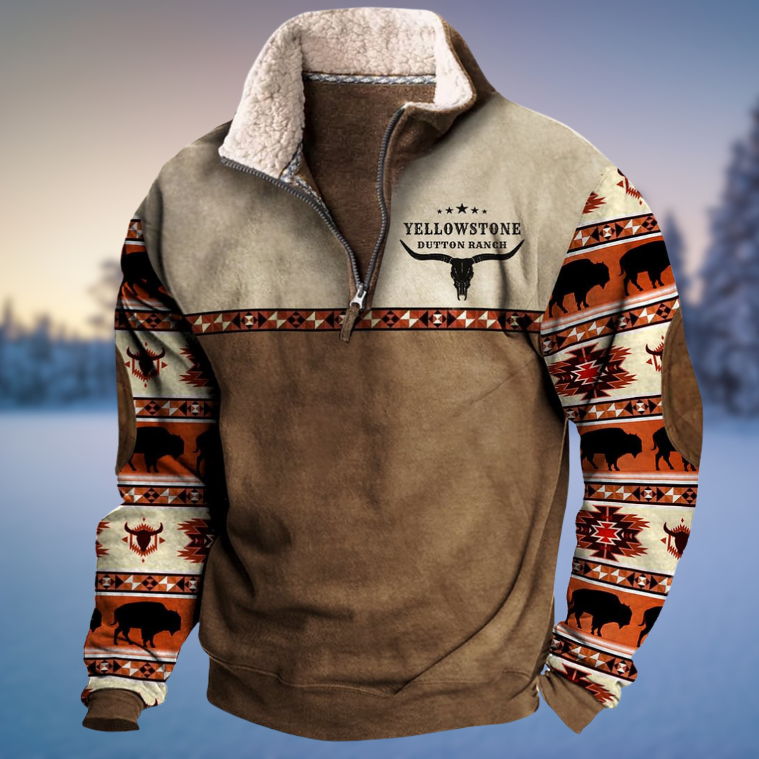 Herren Winterpullover mit Yellowstone-Print und Bison-Muster auf den Ärmeln