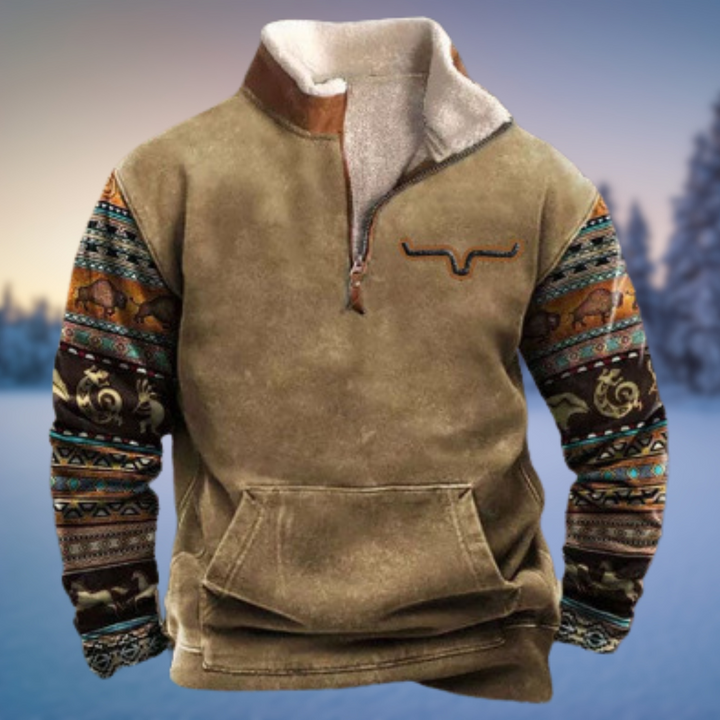Herren Halbreißverschluss-Sweatshirt olivgrün mit Western-Aztec-Muster und Fleecefutter