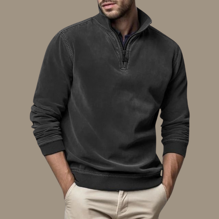 Herren Troyer-Pullover in Anthrazit mit Reißverschlusskragen und Waschoptik